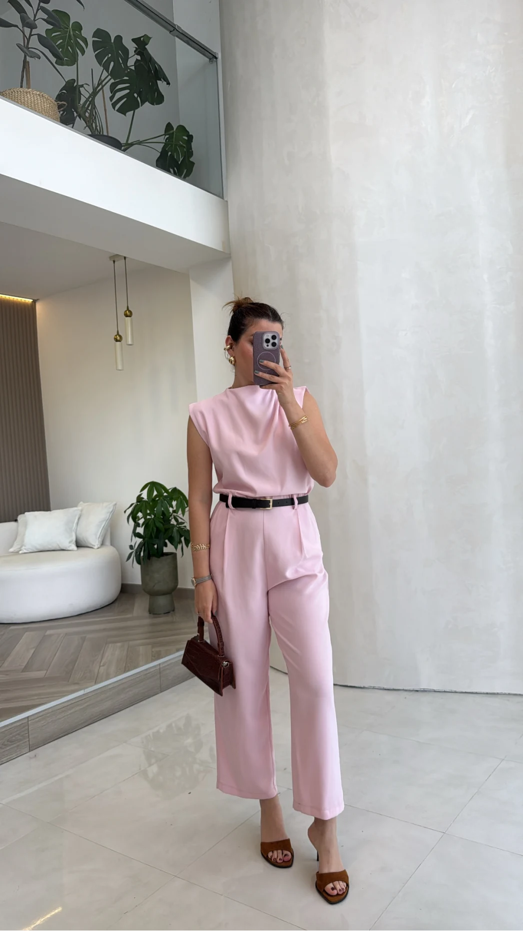 Kemerli Sıfır Kol Tulum - Pembe - Kod: 580907