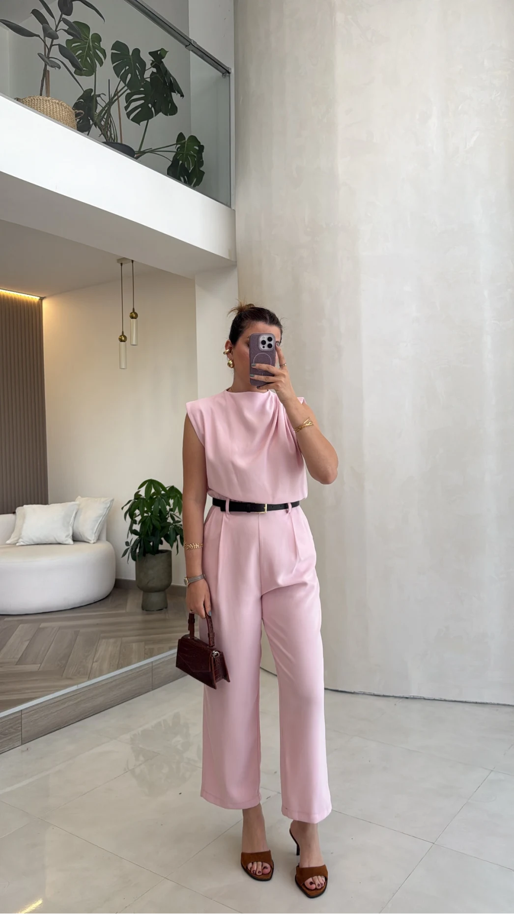 Kemerli Sıfır Kol Tulum - Pembe - Kod: 580907