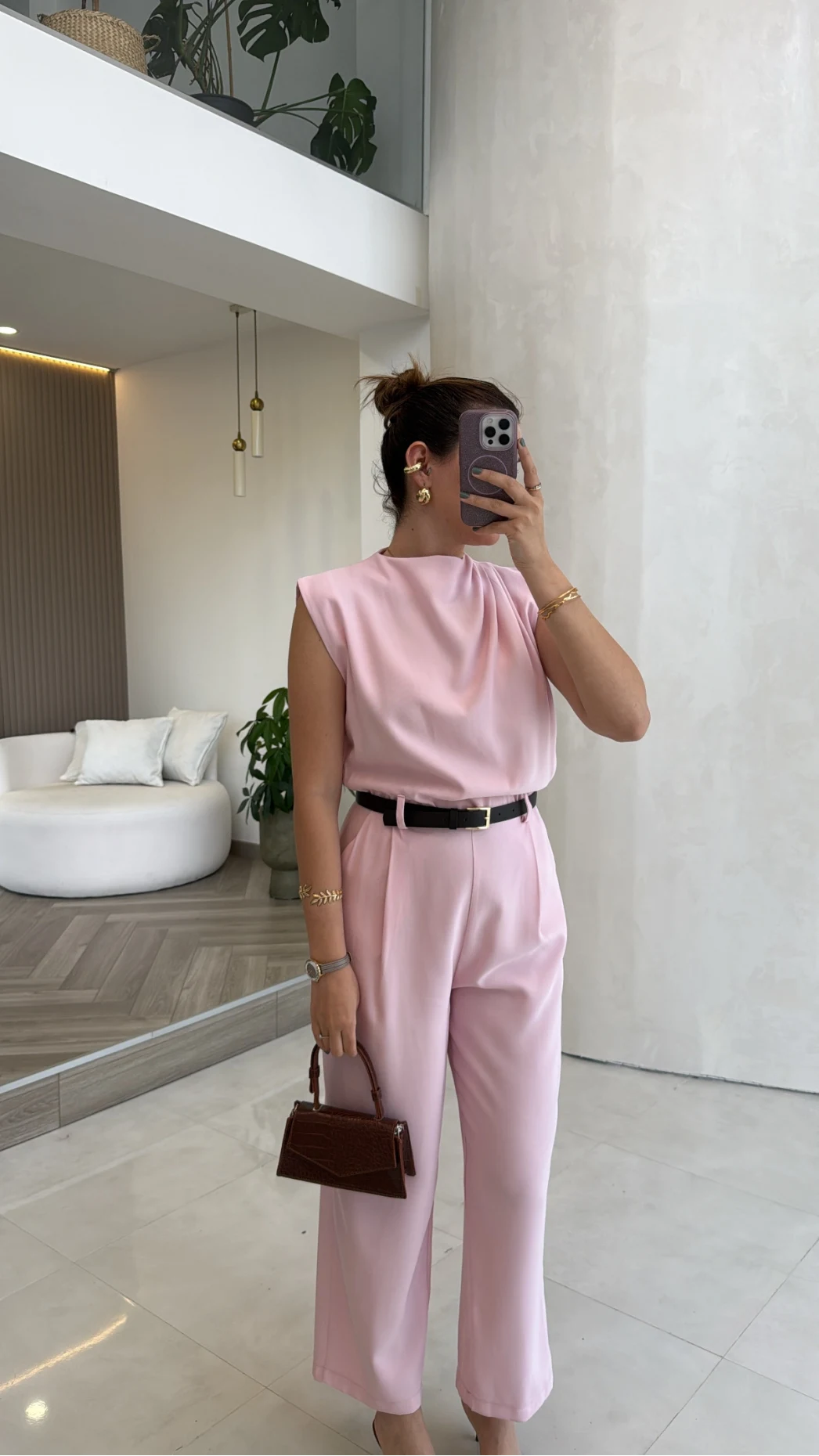 Kemerli Sıfır Kol Tulum - Pembe - Kod: 580907