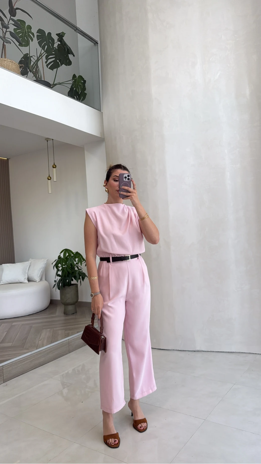 Kemerli Sıfır Kol Tulum - Pembe - Kod: 580907
