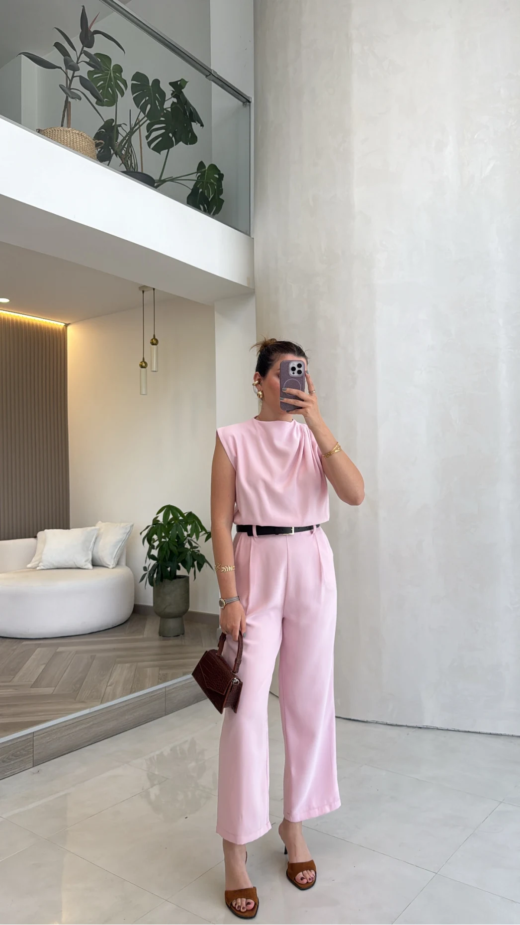 Kemerli Sıfır Kol Tulum - Pembe - Kod: 580907