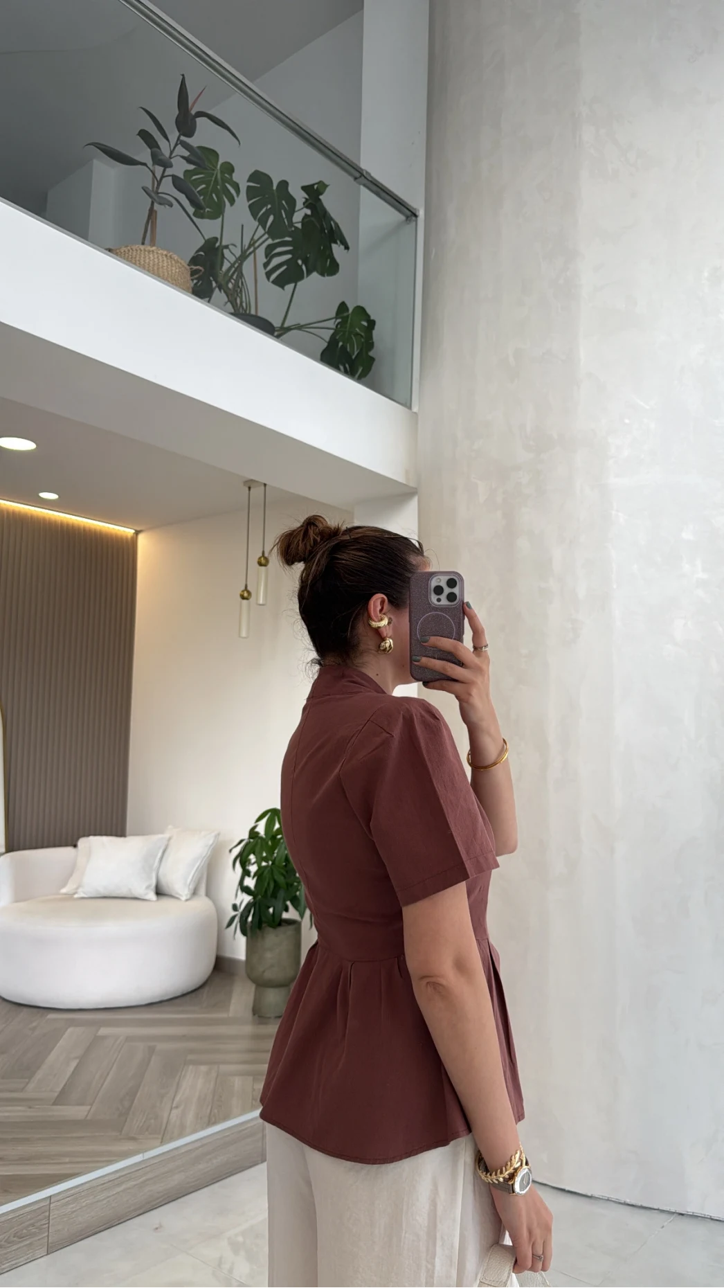 Kolu Vatkalı Bele Oturan Gömlek - Kiremit - Kod: 5506