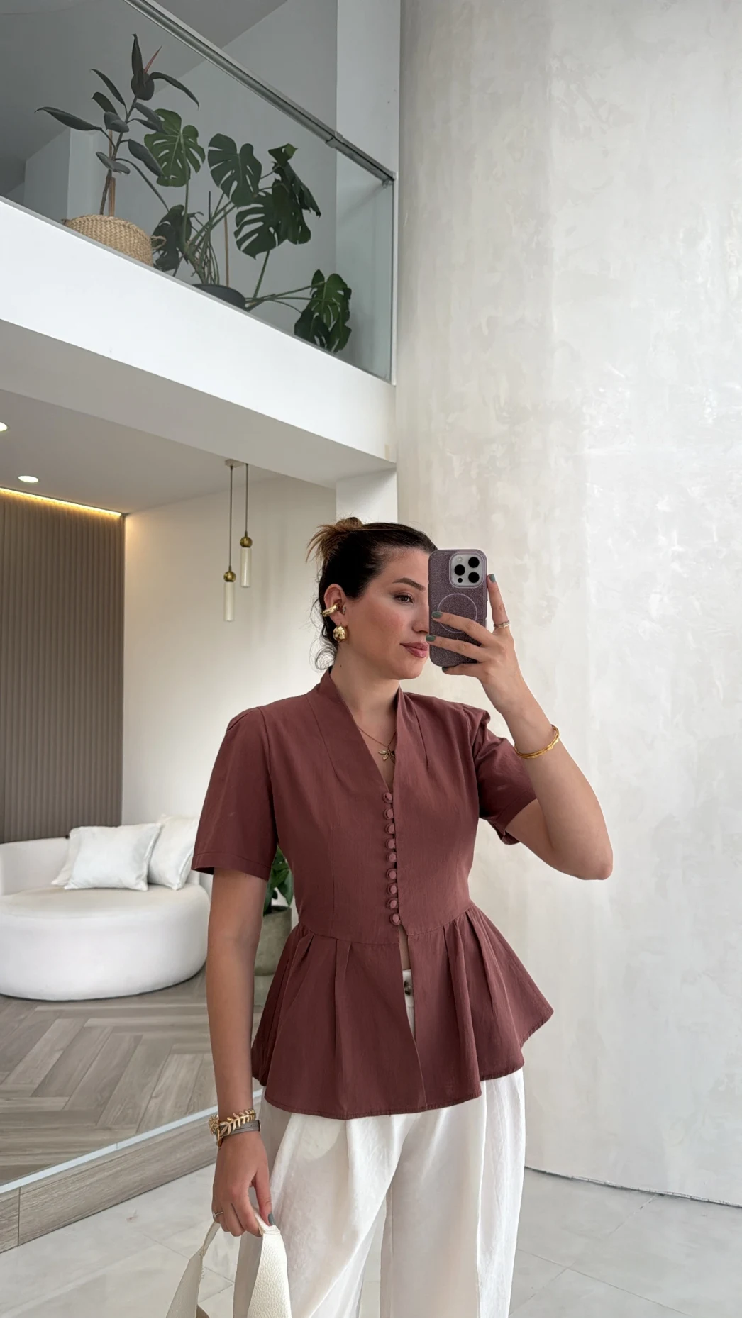 Kolu Vatkalı Bele Oturan Gömlek - Kiremit - Kod: 5506