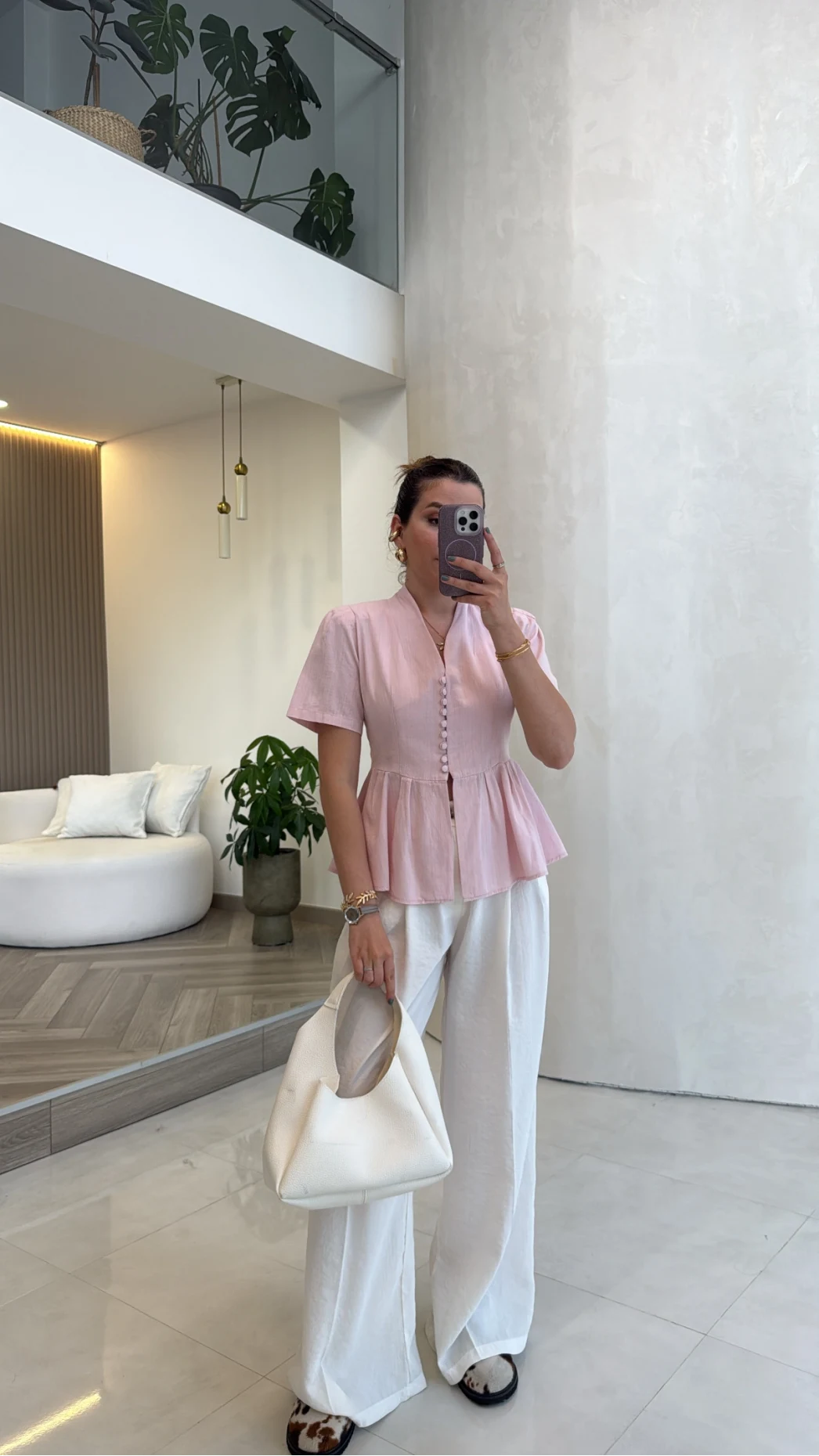 Kolu Vatkalı Bele Oturan Gömlek - Pembe - Kod: 5506