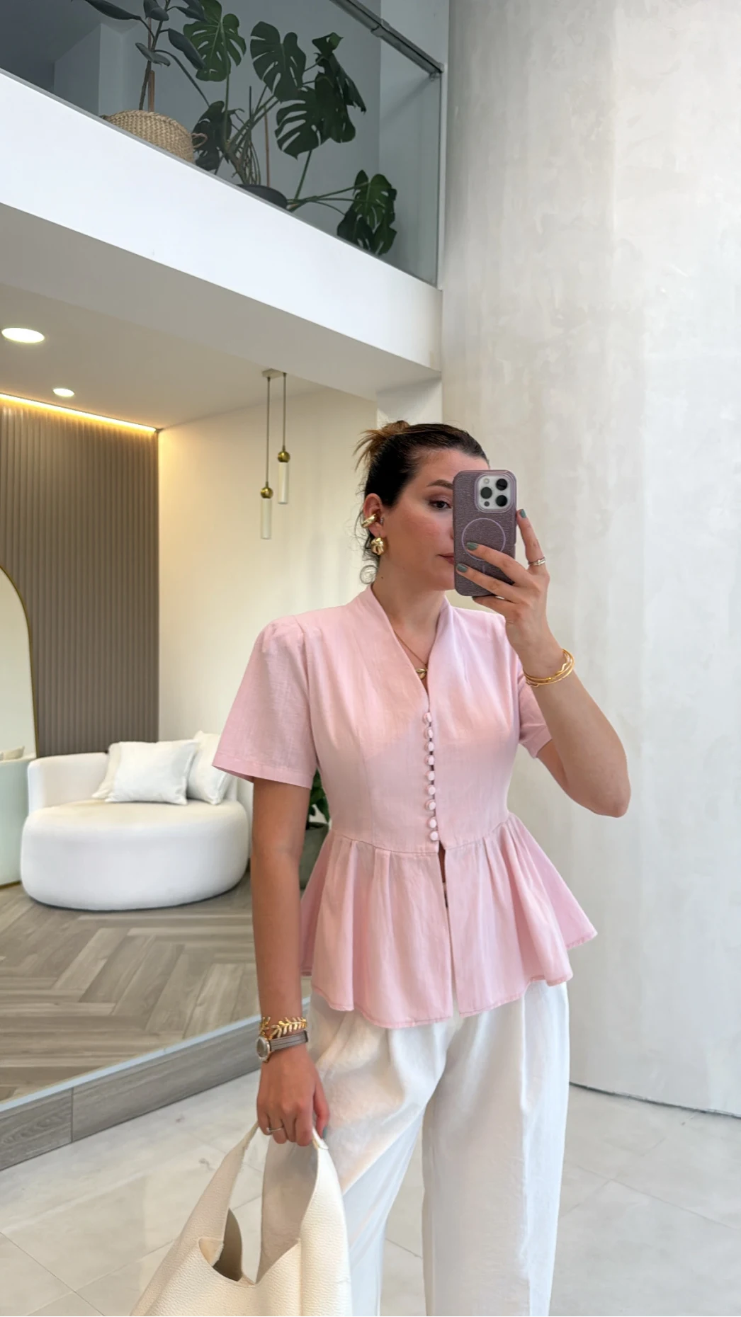 Kolu Vatkalı Bele Oturan Gömlek - Pembe - Kod: 5506