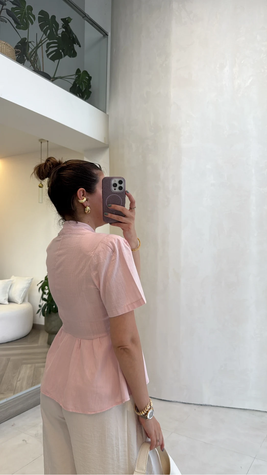 Kolu Vatkalı Bele Oturan Gömlek - Pembe - Kod: 5506