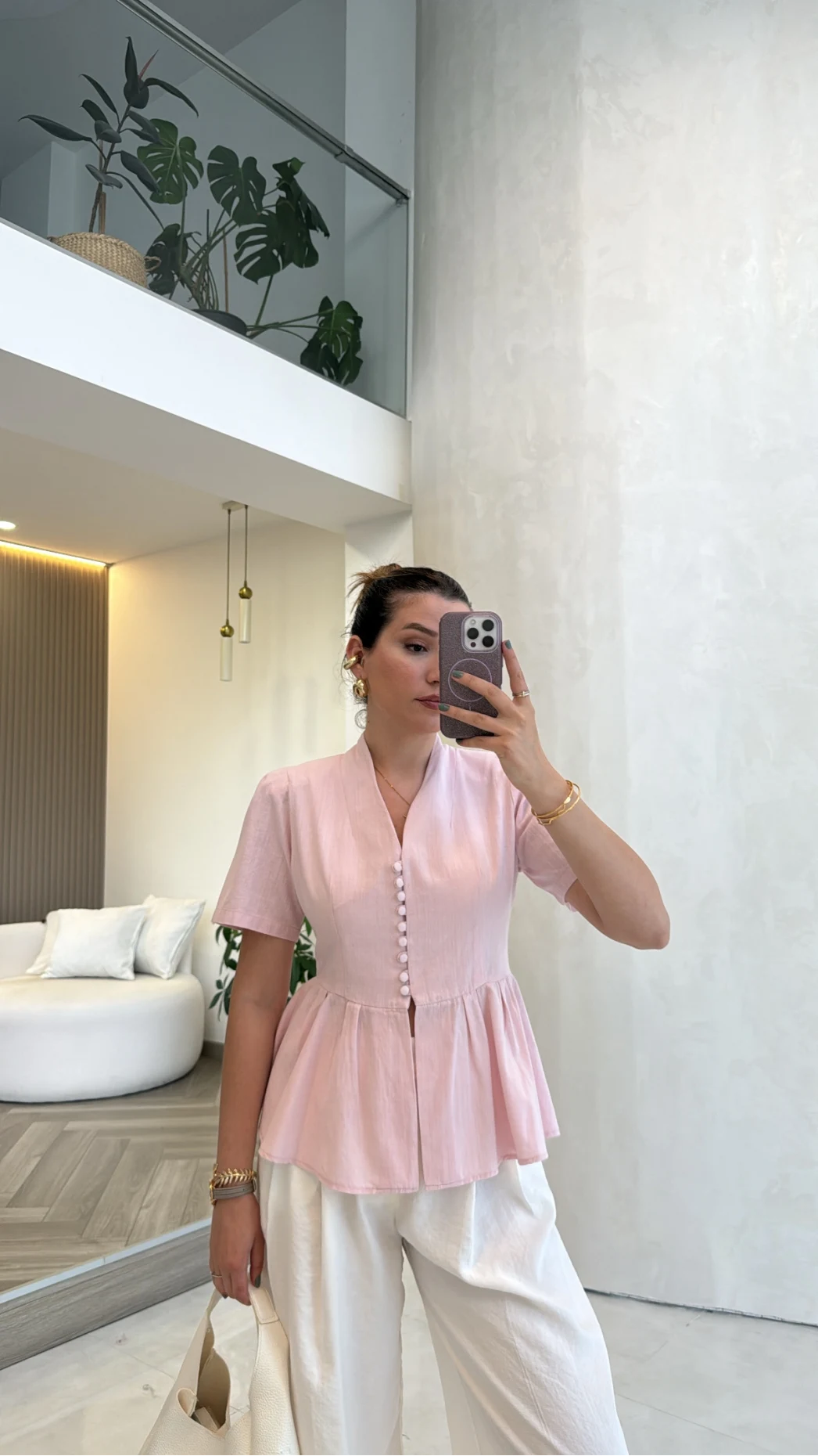 Kolu Vatkalı Bele Oturan Gömlek - Pembe - Kod: 5506