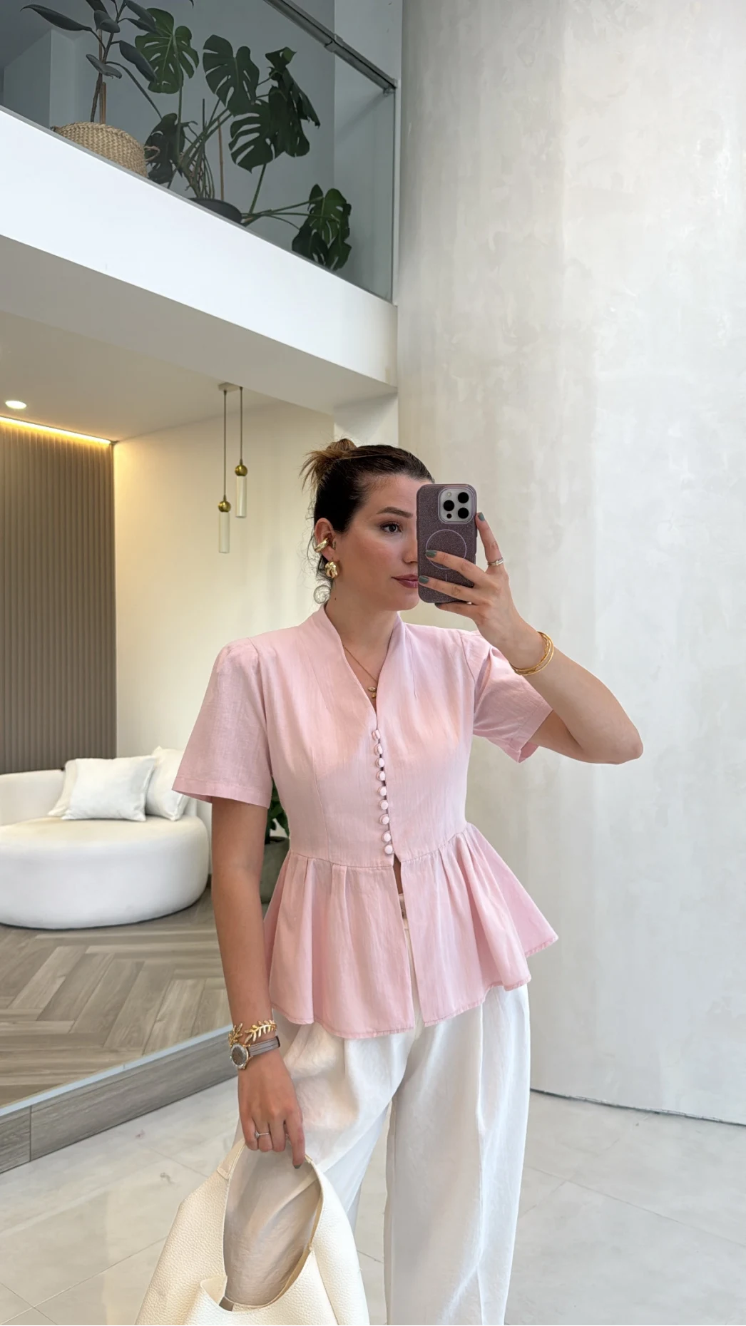 Kolu Vatkalı Bele Oturan Gömlek - Pembe - Kod: 5506