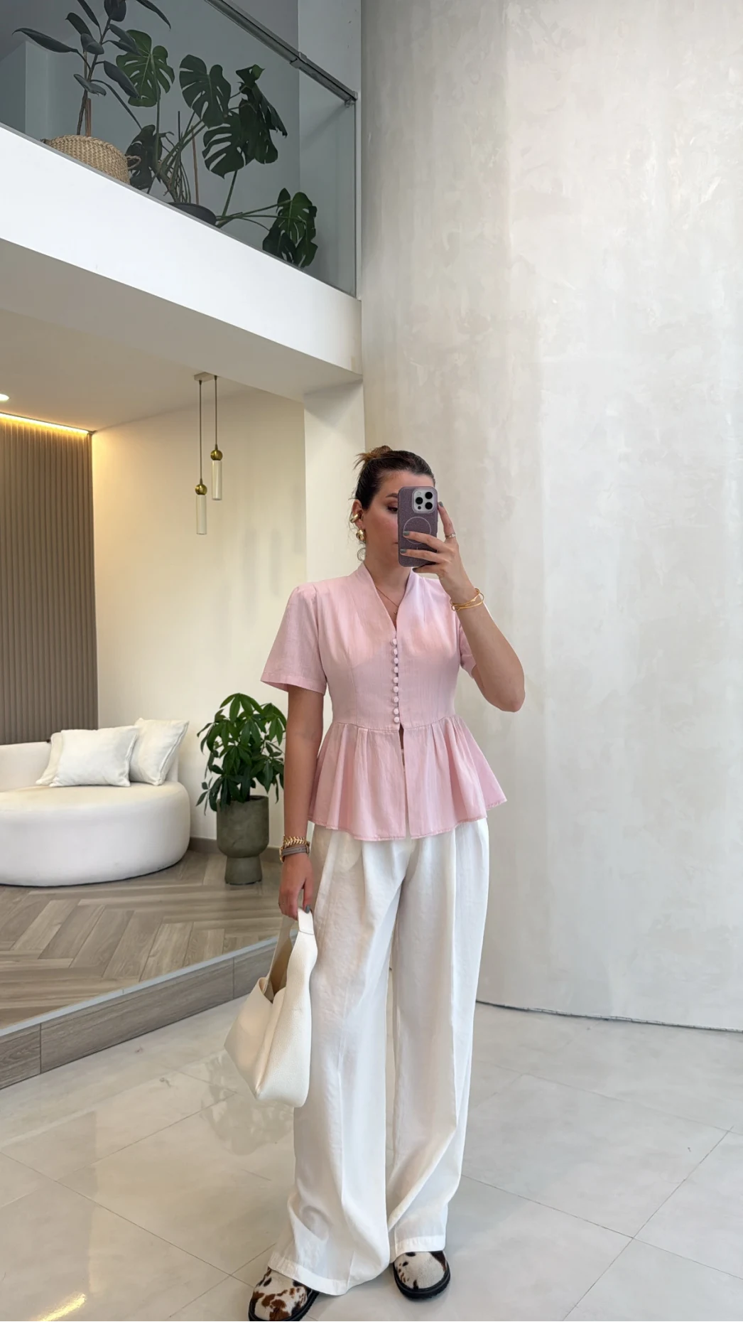 Kolu Vatkalı Bele Oturan Gömlek - Pembe - Kod: 5506