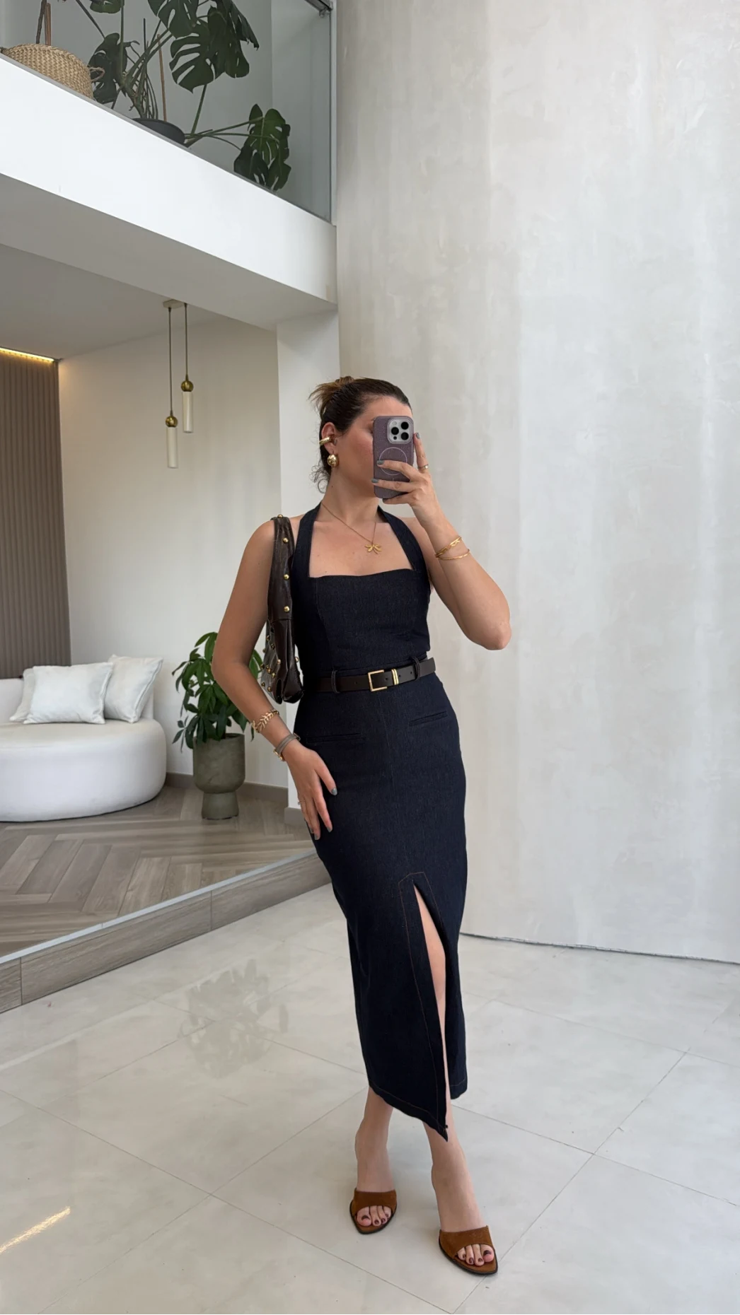 Boyun Askılı Denim Kemerli Elbise - Lacivert - Kod: 3092