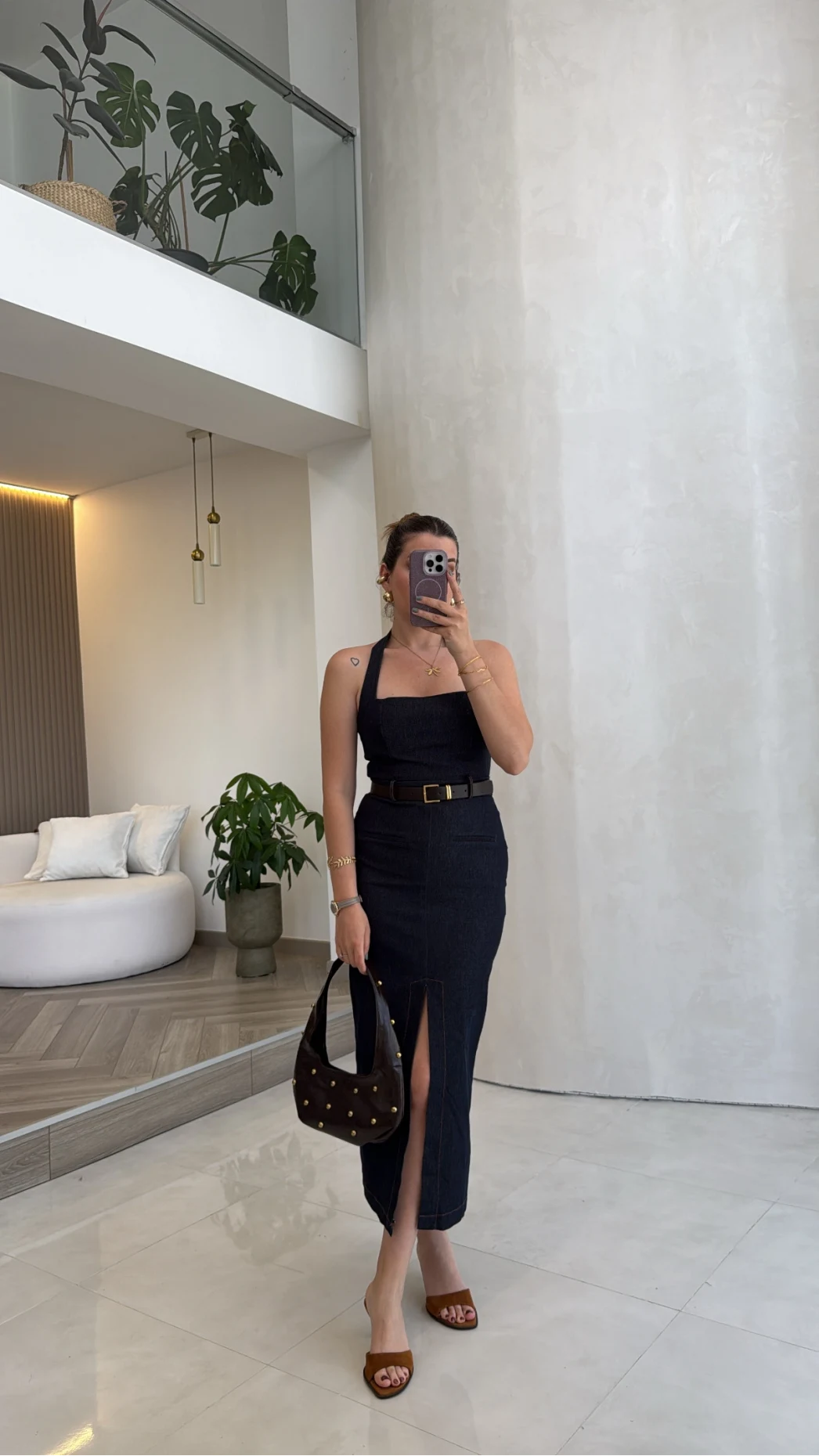 Boyun Askılı Denim Kemerli Elbise - Lacivert - Kod: 3092