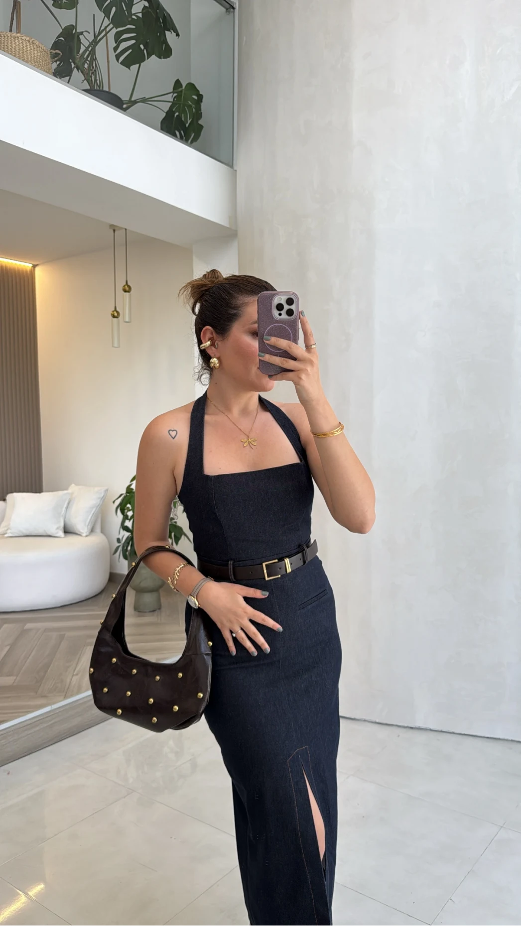 Boyun Askılı Denim Kemerli Elbise - Lacivert - Kod: 3092