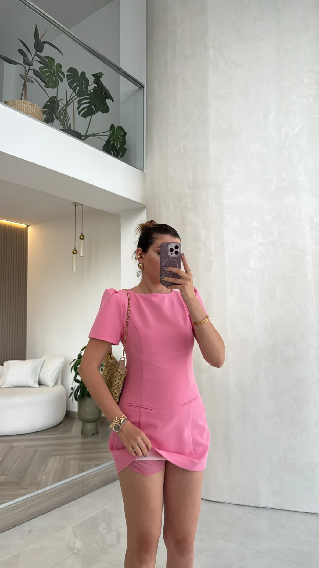 Astarı Şortlu Mini Elbise - Pembe - Kod: 4195