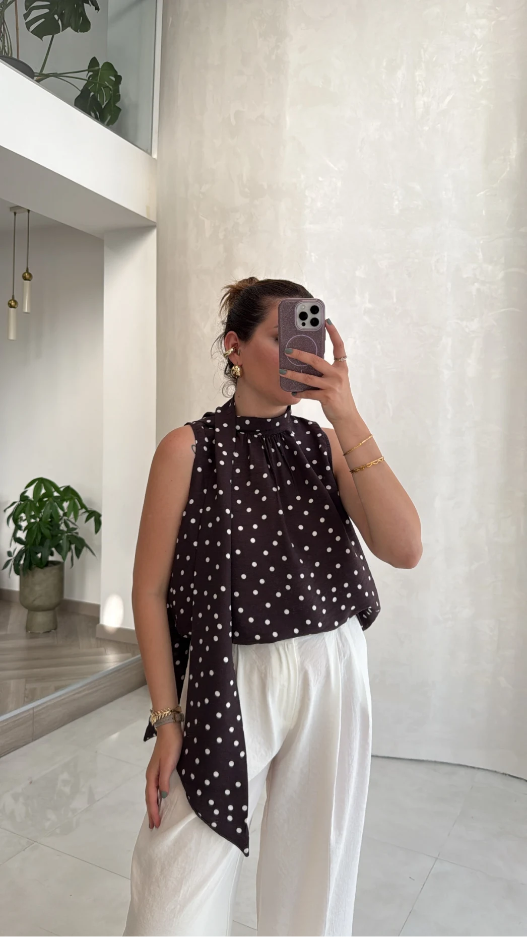 Bağlamalı Puantiye Desenli Bluz - Kahve - Kod: 5502