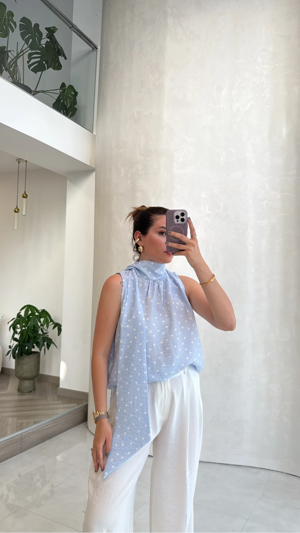 Bağlamalı Puantiye Desenli Bluz - Mavi - Kod: 5502