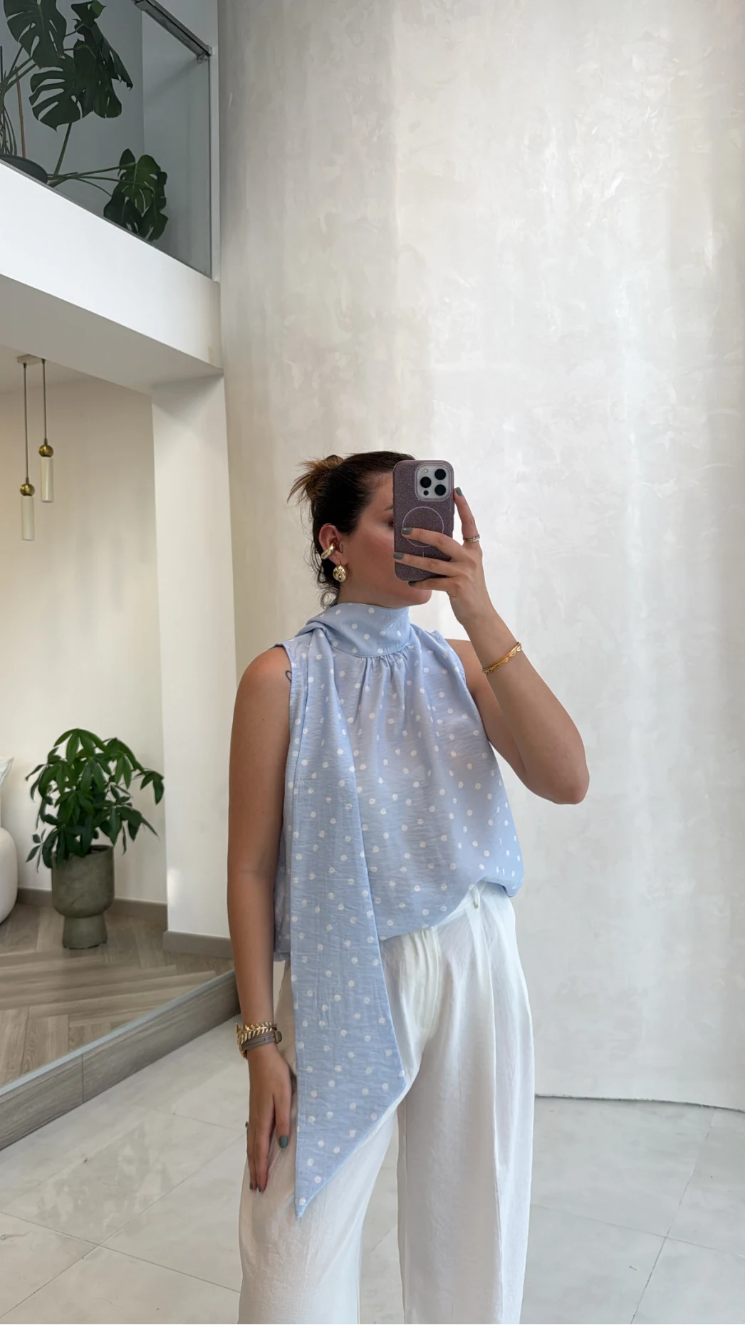 Bağlamalı Puantiye Desenli Bluz - Mavi - Kod: 5502