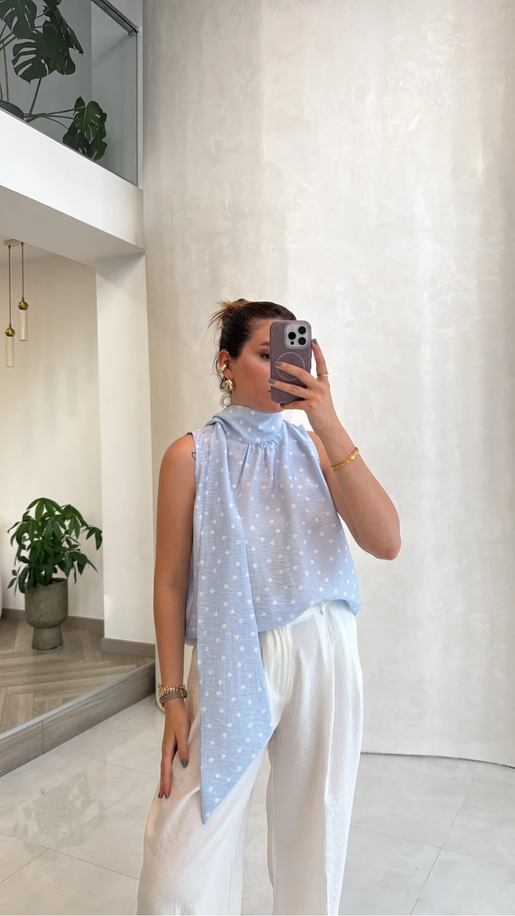 Bağlamalı Puantiye Desenli Bluz - Mavi - Kod: 5502