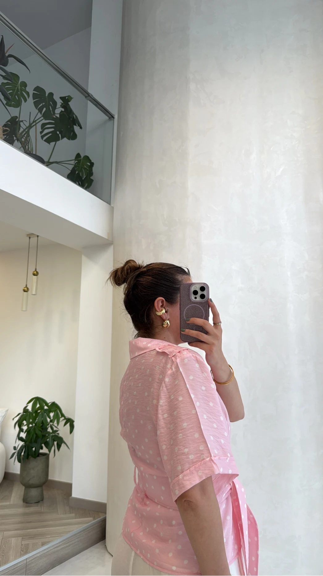 Puantiye Desenli Kemerli Gömlek - Pembe - Kod: 5501