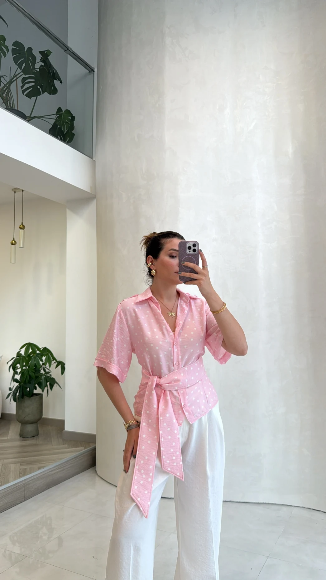 Puantiye Desenli Kemerli Gömlek - Pembe - Kod: 5501