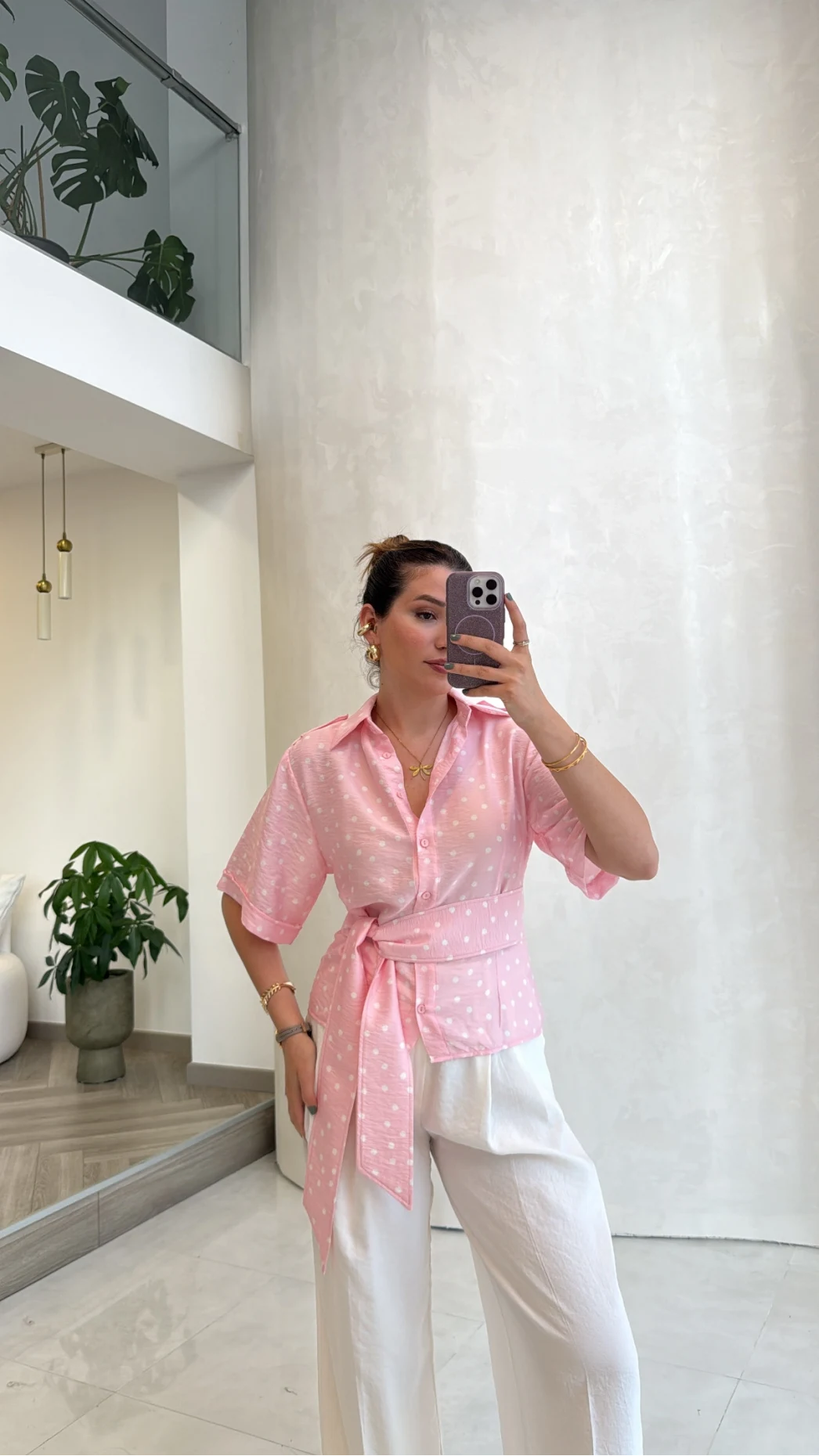 Puantiye Desenli Kemerli Gömlek - Pembe - Kod: 5501