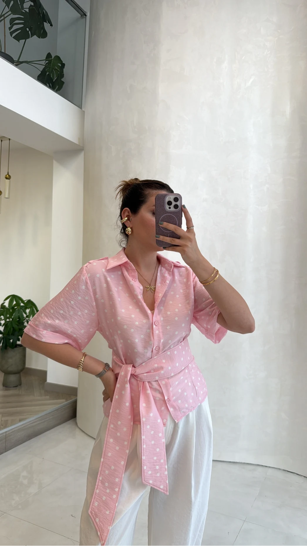 Puantiye Desenli Kemerli Gömlek - Pembe - Kod: 5501
