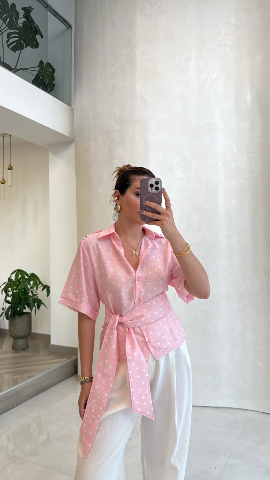 Puantiye Desenli Kemerli Gömlek - Pembe - Kod: 5501