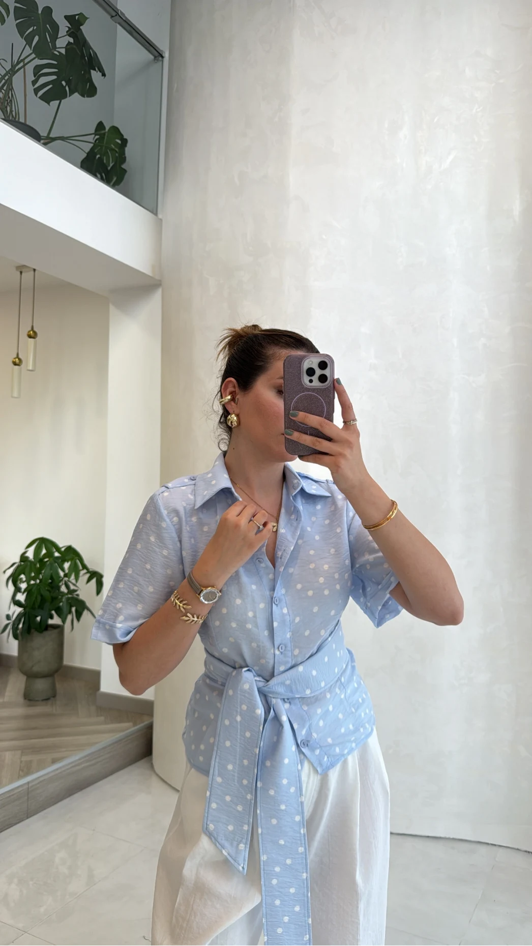 Puantiye Desenli Kemerli Gömlek - Mavi - Kod: 5501