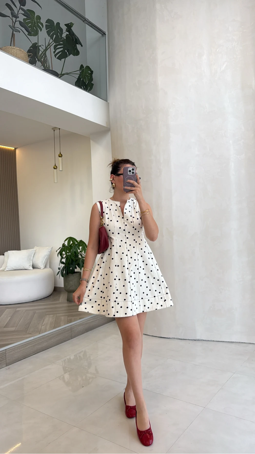 Denim Puantiye Desenli Mini Elbise - Ekru - Kod: 580951