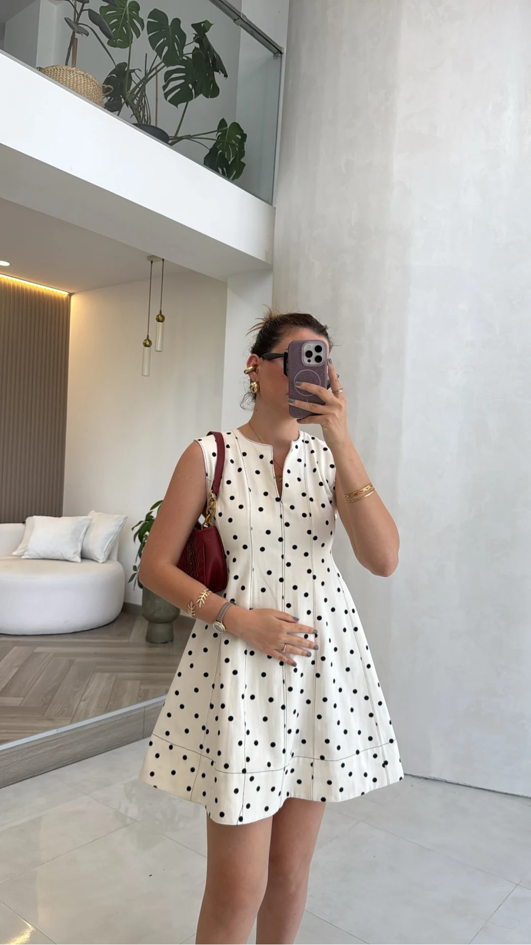 Denim Puantiye Desenli Mini Elbise - Ekru - Kod: 580951