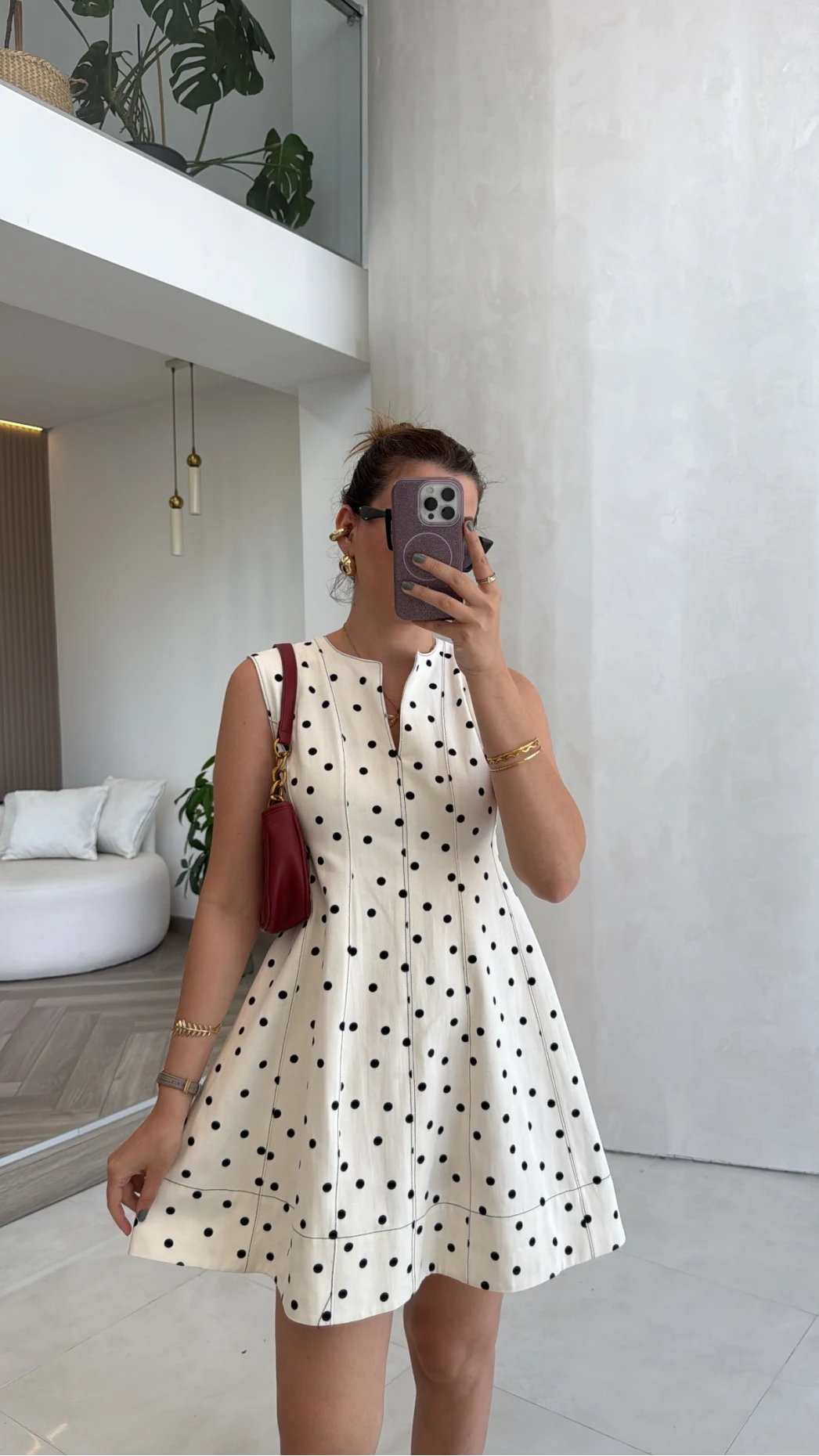 Denim Puantiye Desenli Mini Elbise - Ekru - Kod: 580951