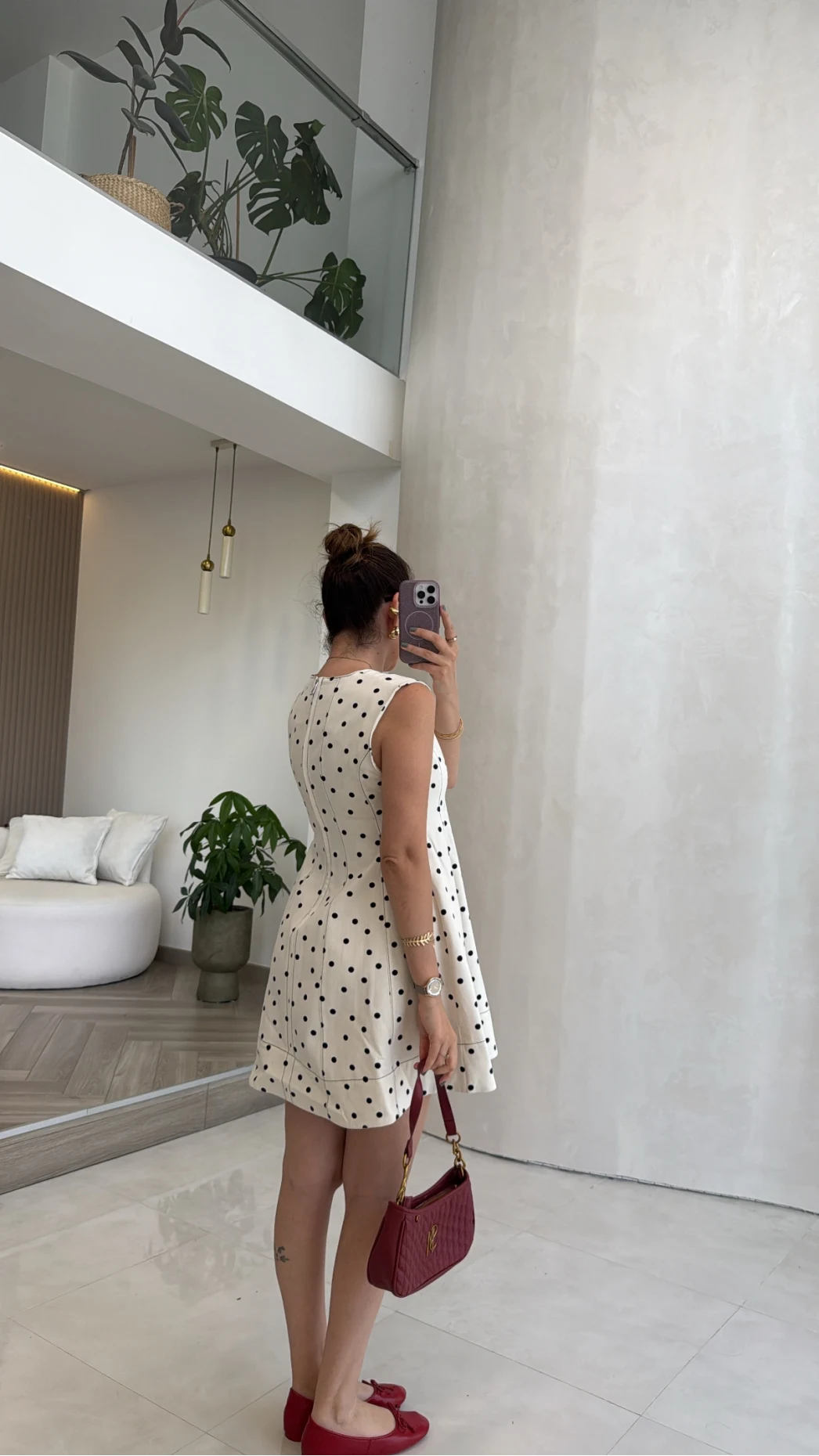 Denim Puantiye Desenli Mini Elbise - Ekru - Kod: 580951