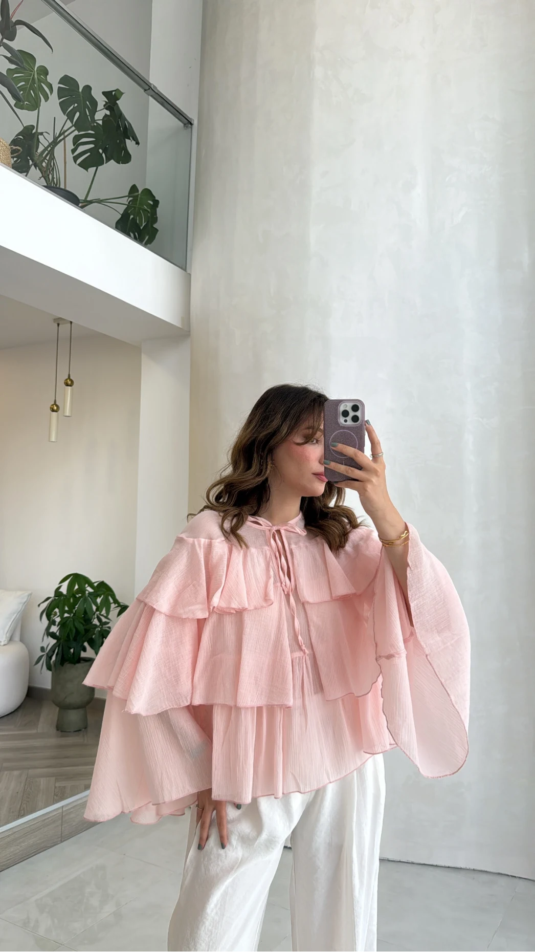 Volanlı Transparan Pamuk Bluz - Pembe - Kod: 5508