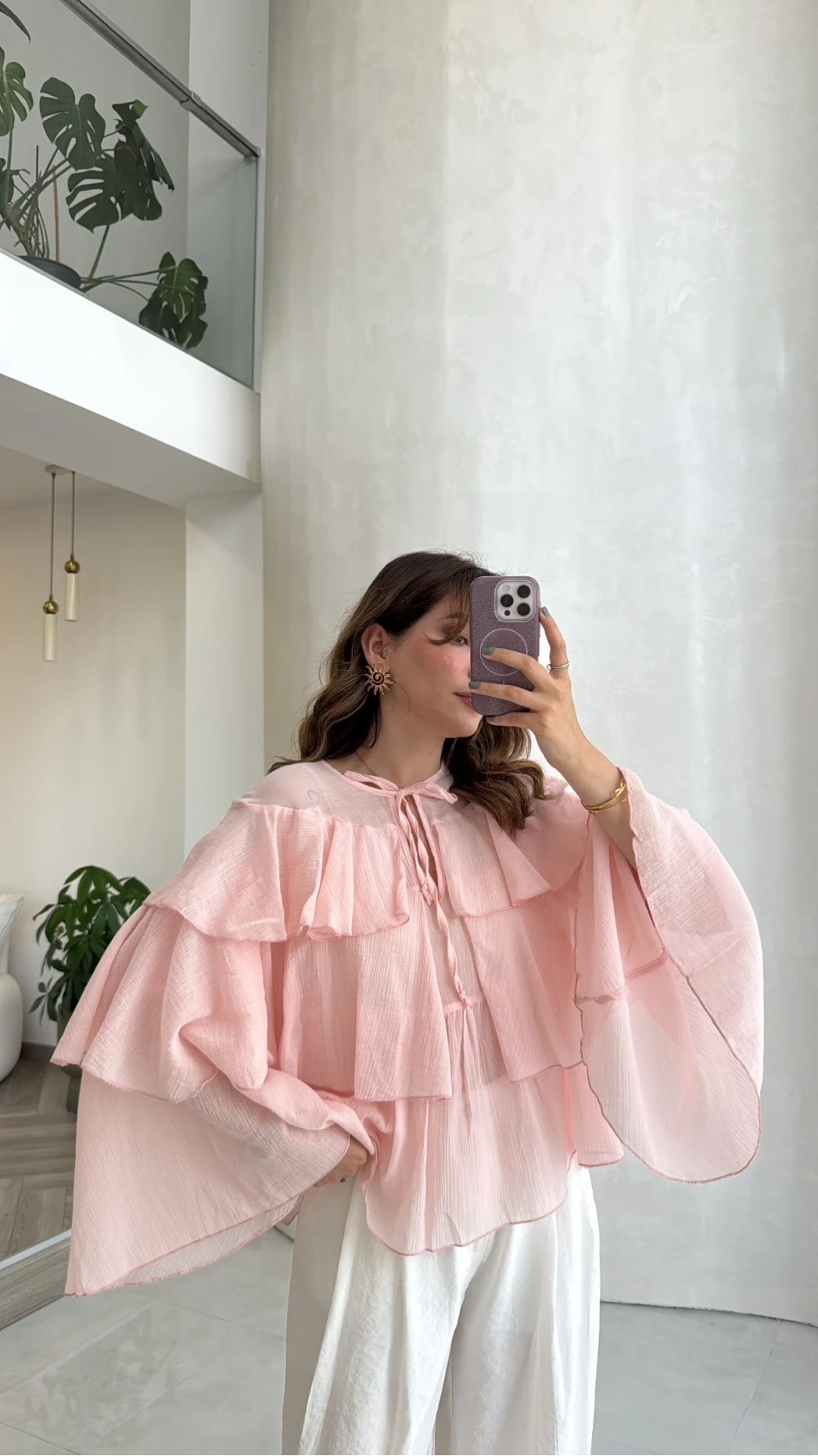 Volanlı Transparan Pamuk Bluz - Pembe - Kod: 5508