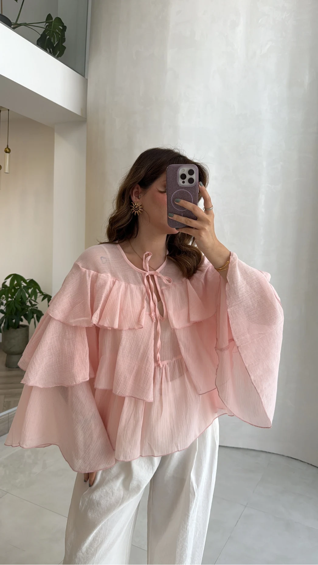 Volanlı Transparan Pamuk Bluz - Pembe - Kod: 5508