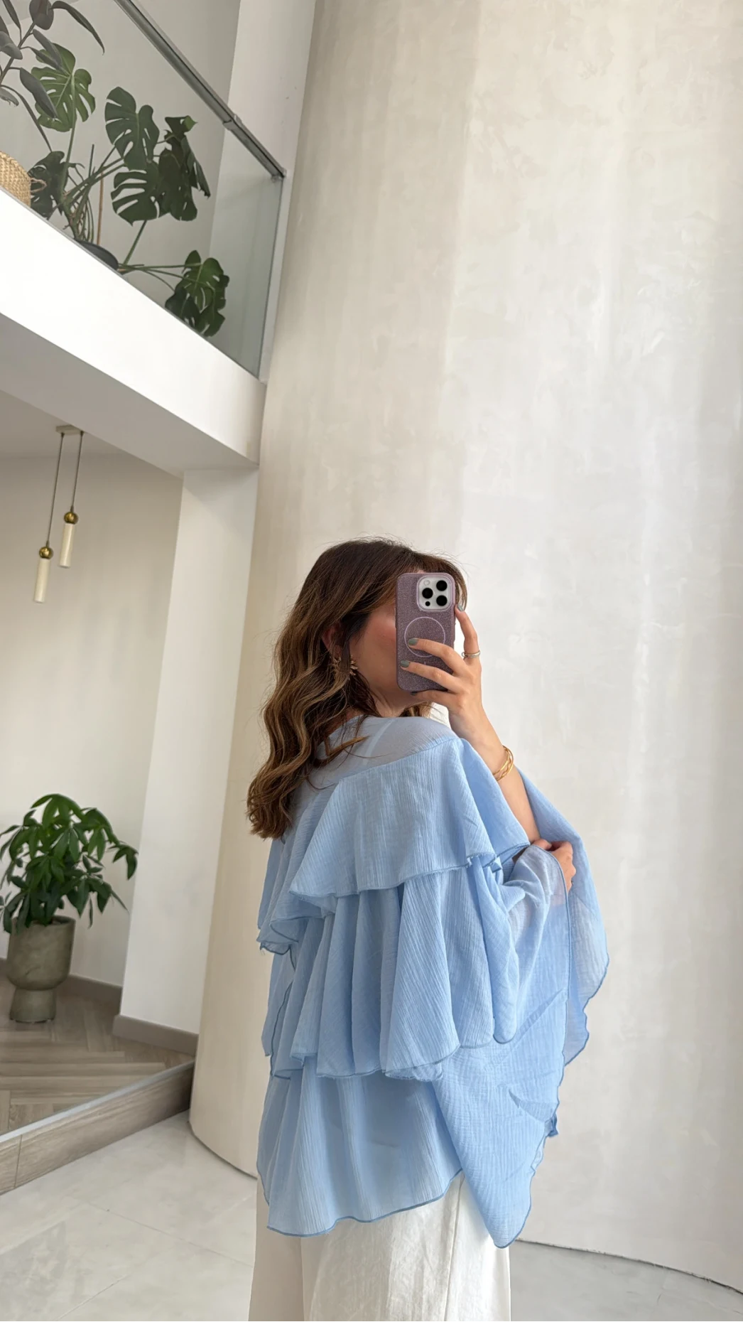 Volanlı Transparan Pamuk Bluz - Mavi - Kod: 5508