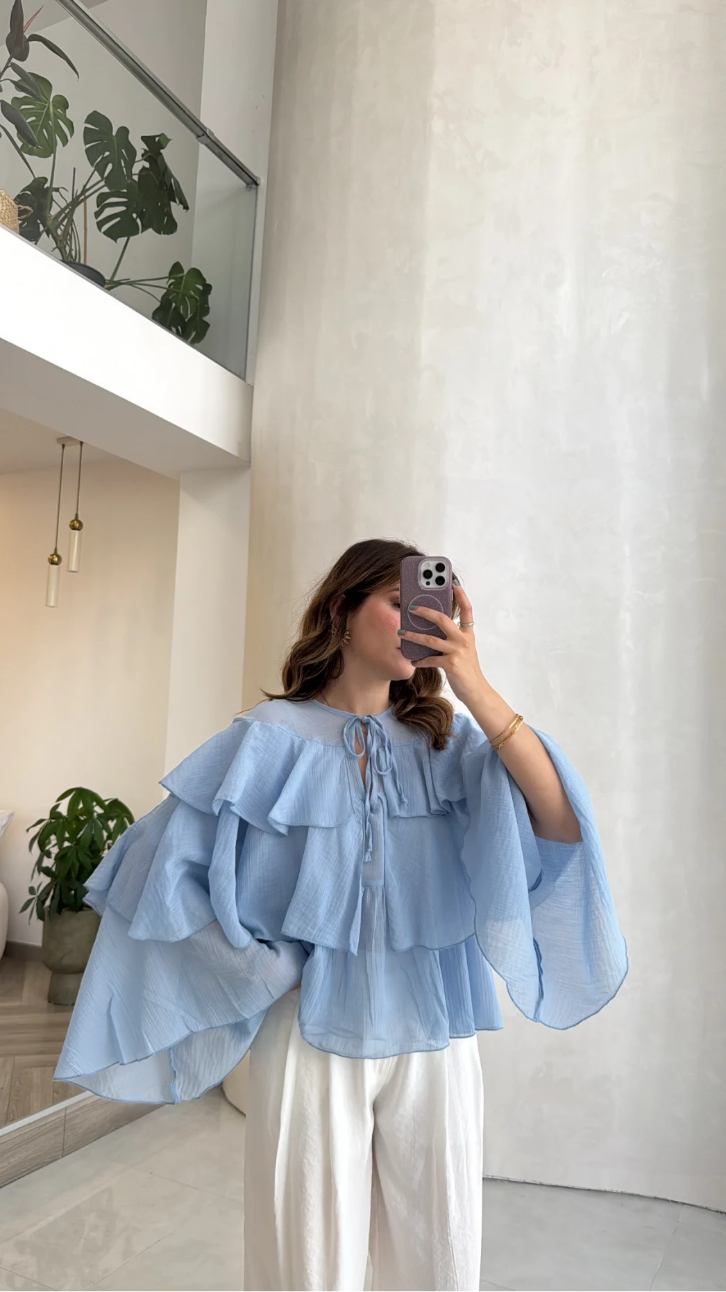 Volanlı Transparan Pamuk Bluz - Mavi - Kod: 5508