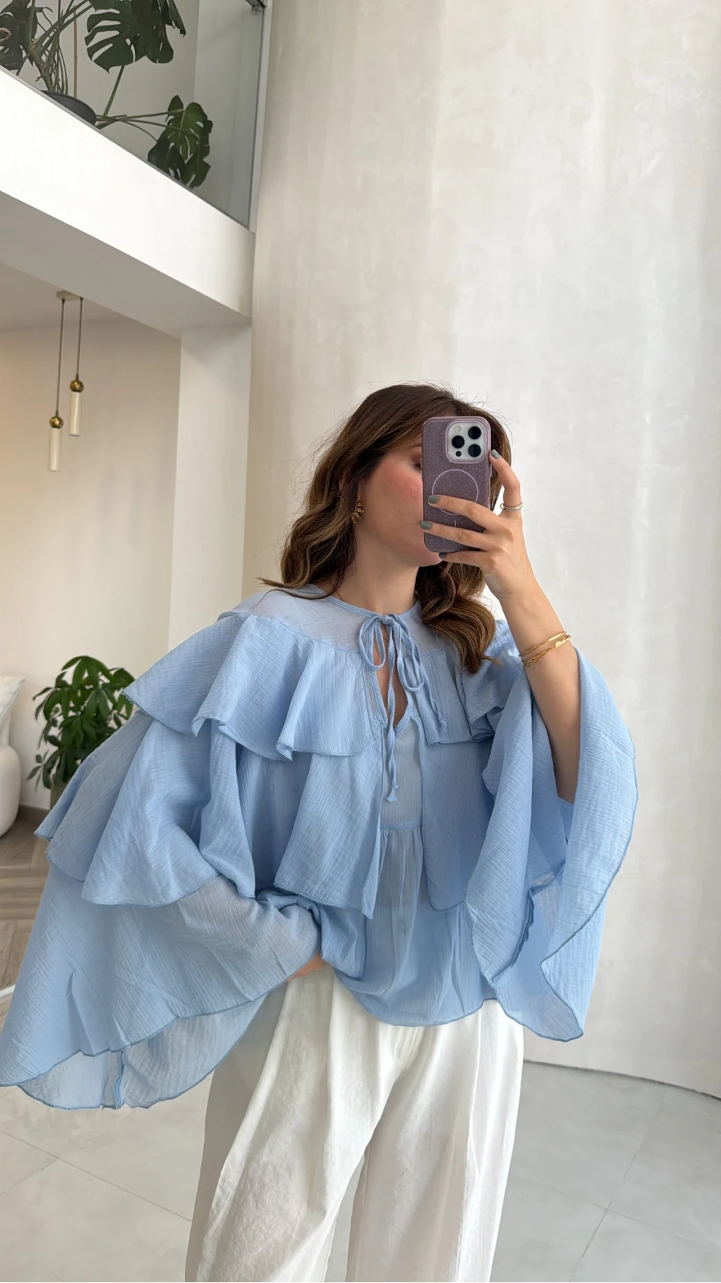 Volanlı Transparan Pamuk Bluz - Mavi - Kod: 5508