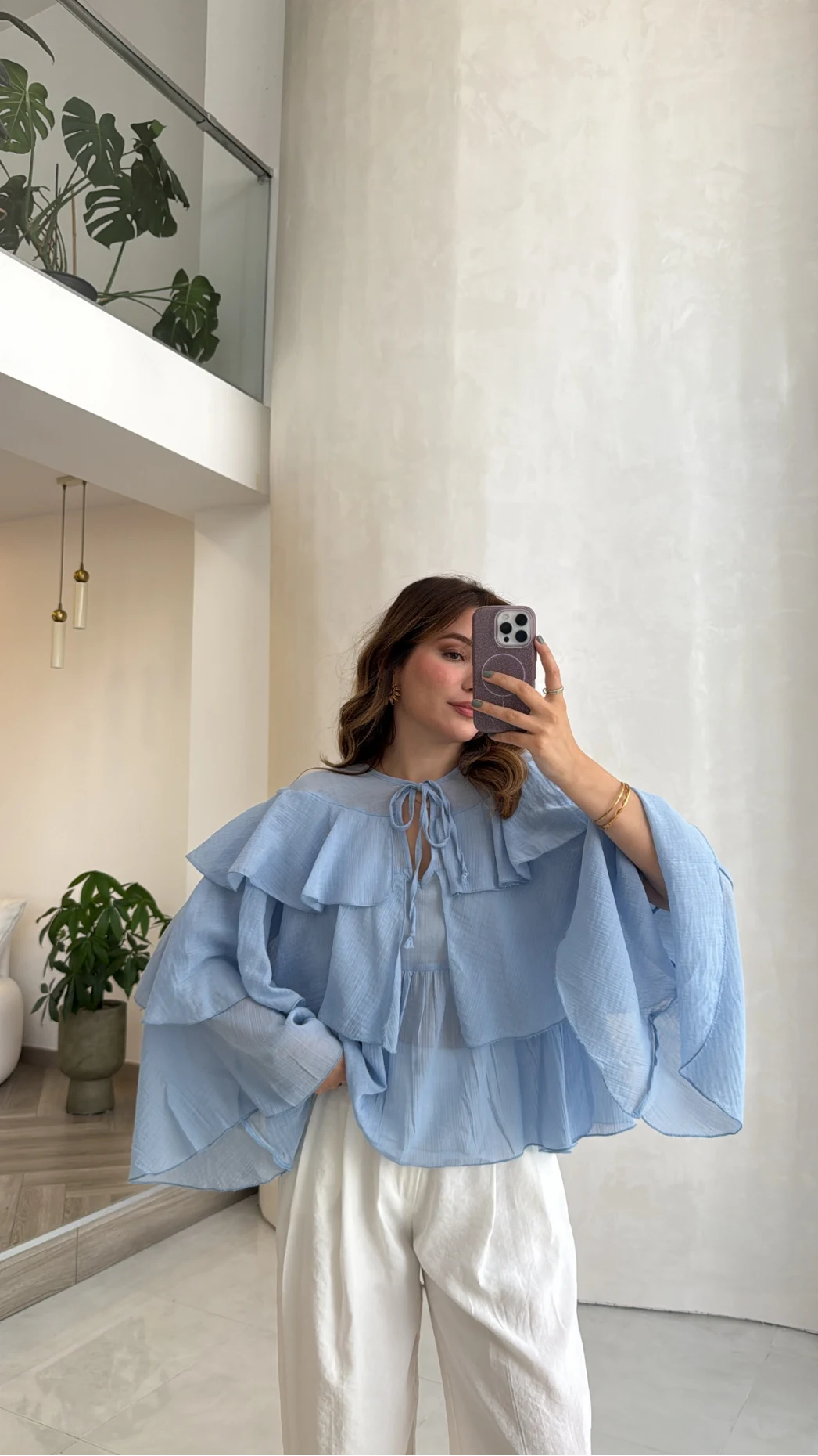 Volanlı Transparan Pamuk Bluz - Mavi - Kod: 5508