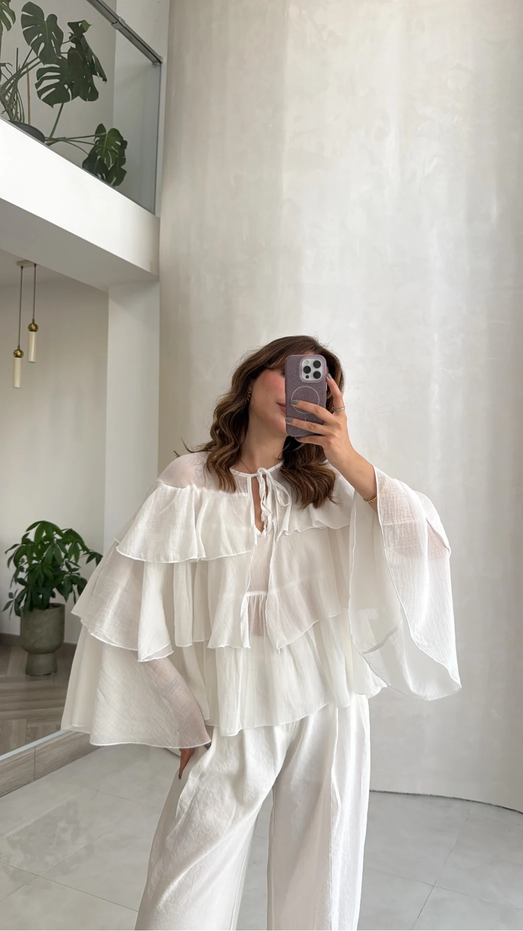 Volanlı Transparan Pamuk Bluz - Beyaz - Kod: 5508