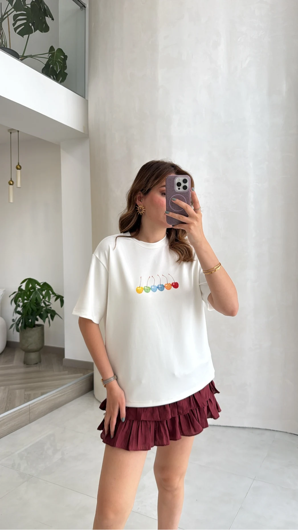Cherry Baskılı T-shirt - Ekru - Kod: 1102