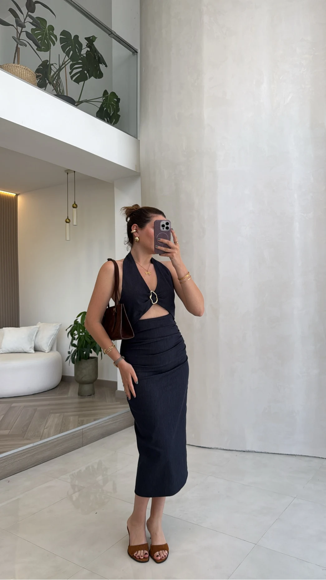 Boyundan Geçmeli Denim Tokalı Elbise - Lacivert - Kod: 8217