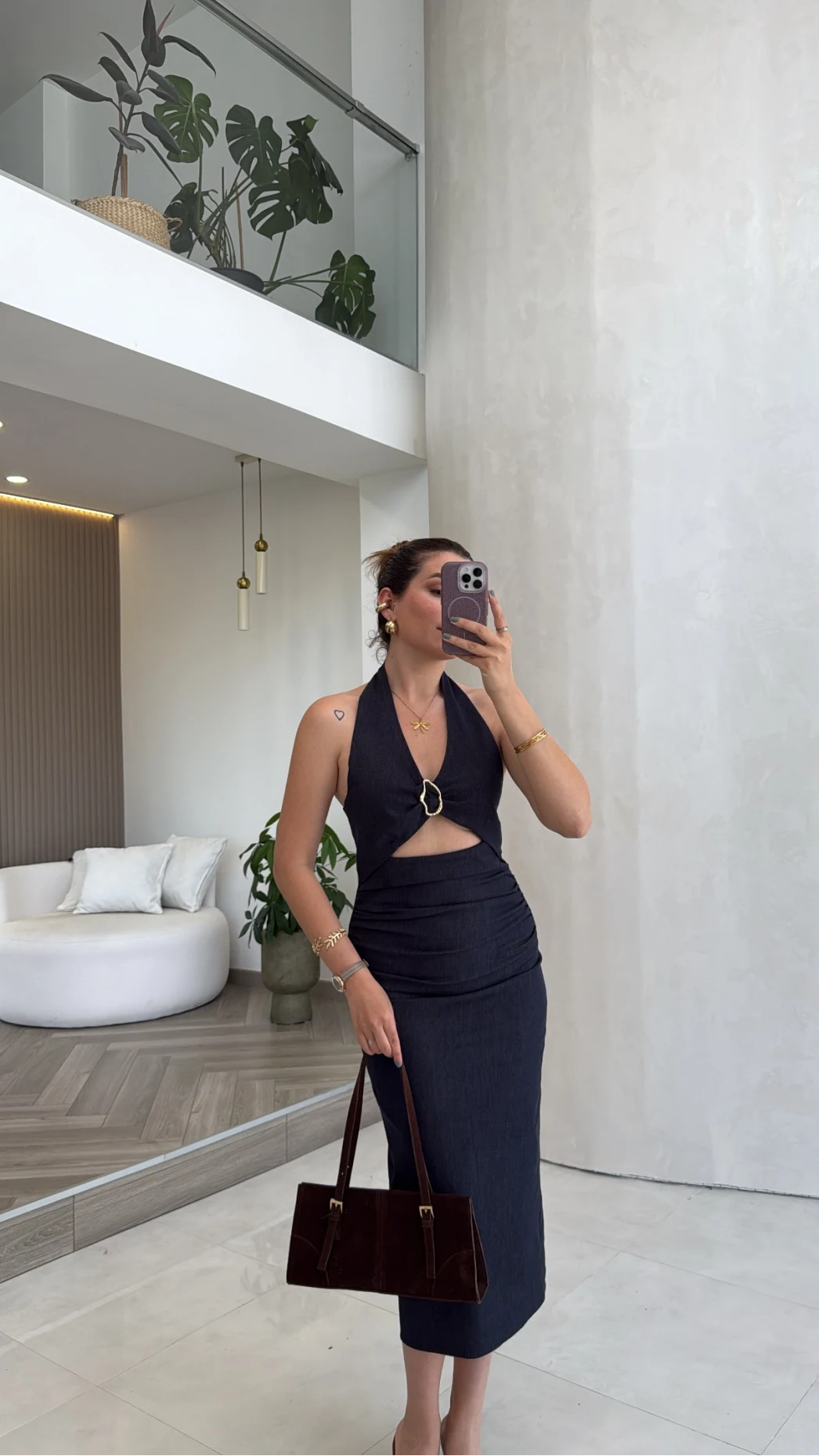 Boyundan Geçmeli Denim Tokalı Elbise - Lacivert - Kod: 8217