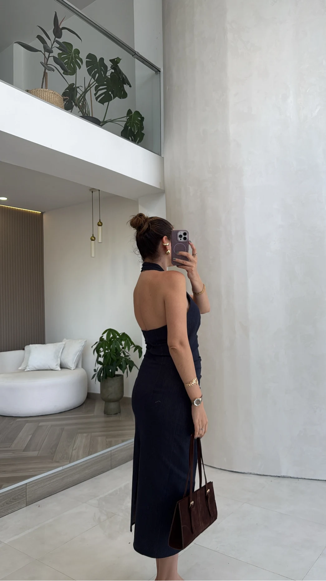 Boyundan Geçmeli Denim Tokalı Elbise - Lacivert - Kod: 8217