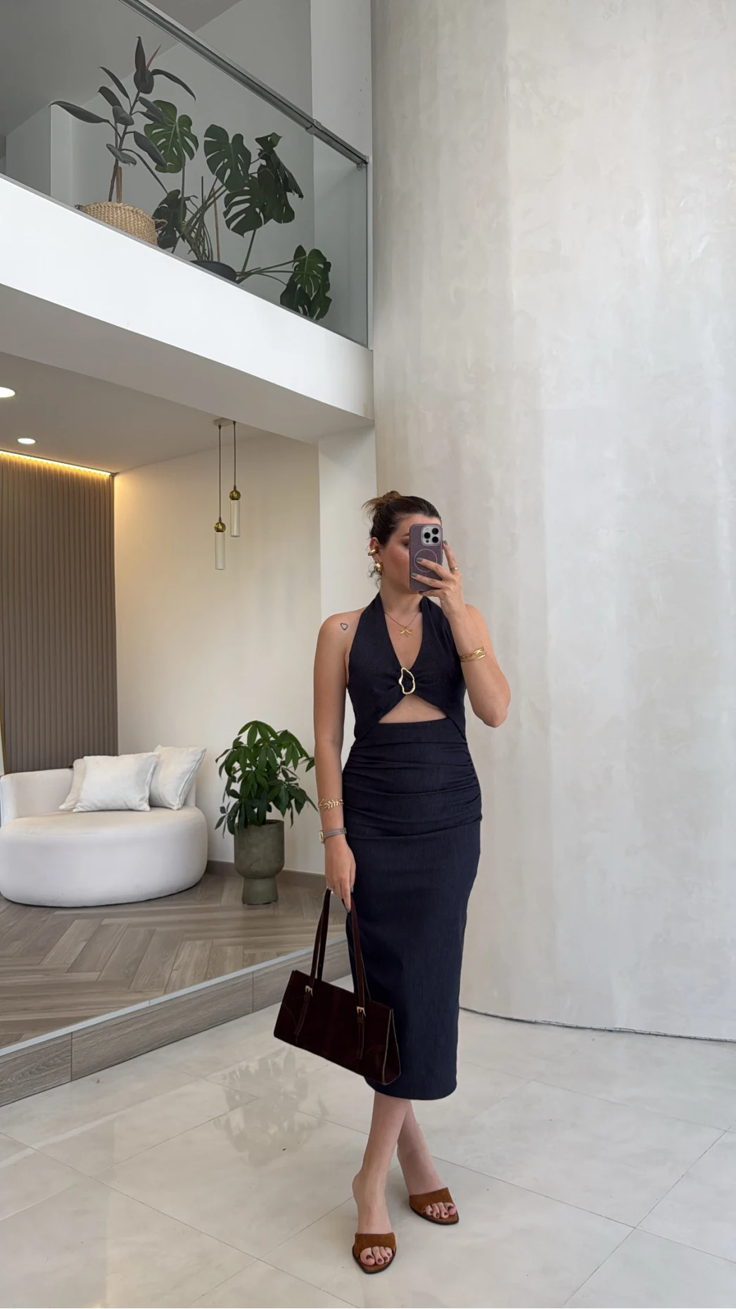 Boyundan Geçmeli Denim Tokalı Elbise - Lacivert - Kod: 8217