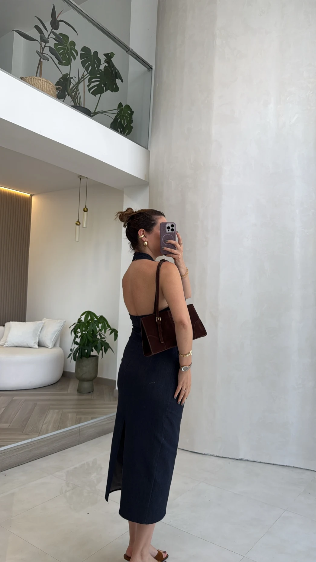 Boyundan Geçmeli Denim Tokalı Elbise - Lacivert - Kod: 8217