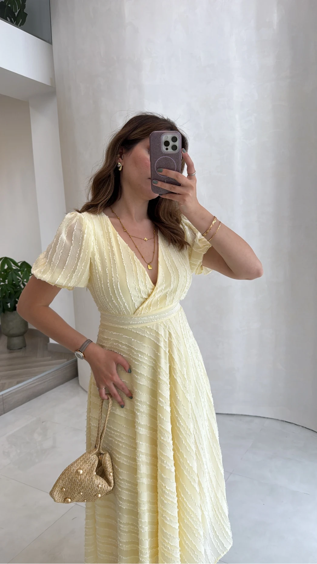 V Yaka Püskül Detay Elbise - Sarı - Kod: 3100