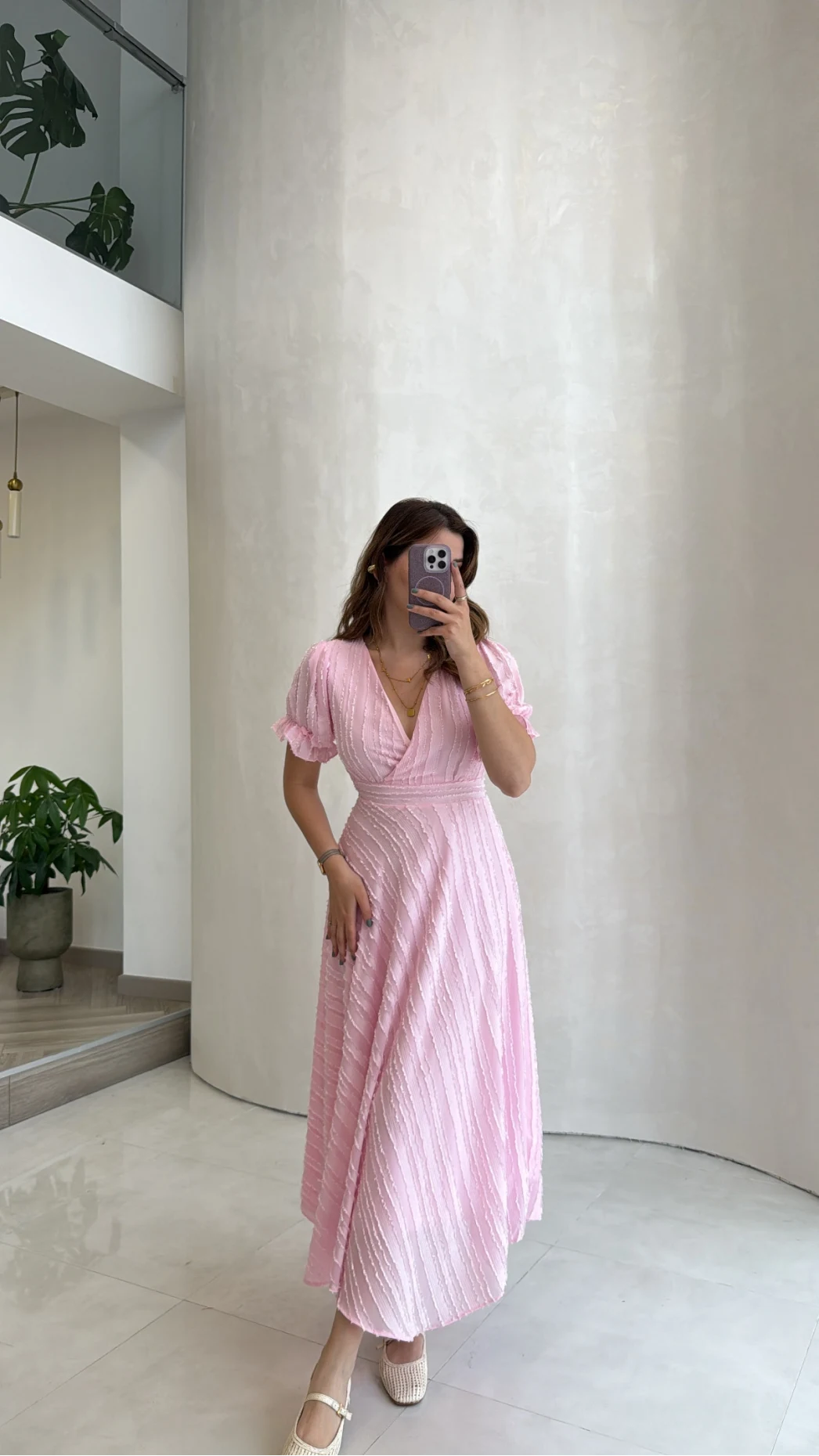 V Yaka Püskül Detay Elbise - Pembe - Kod: 3100