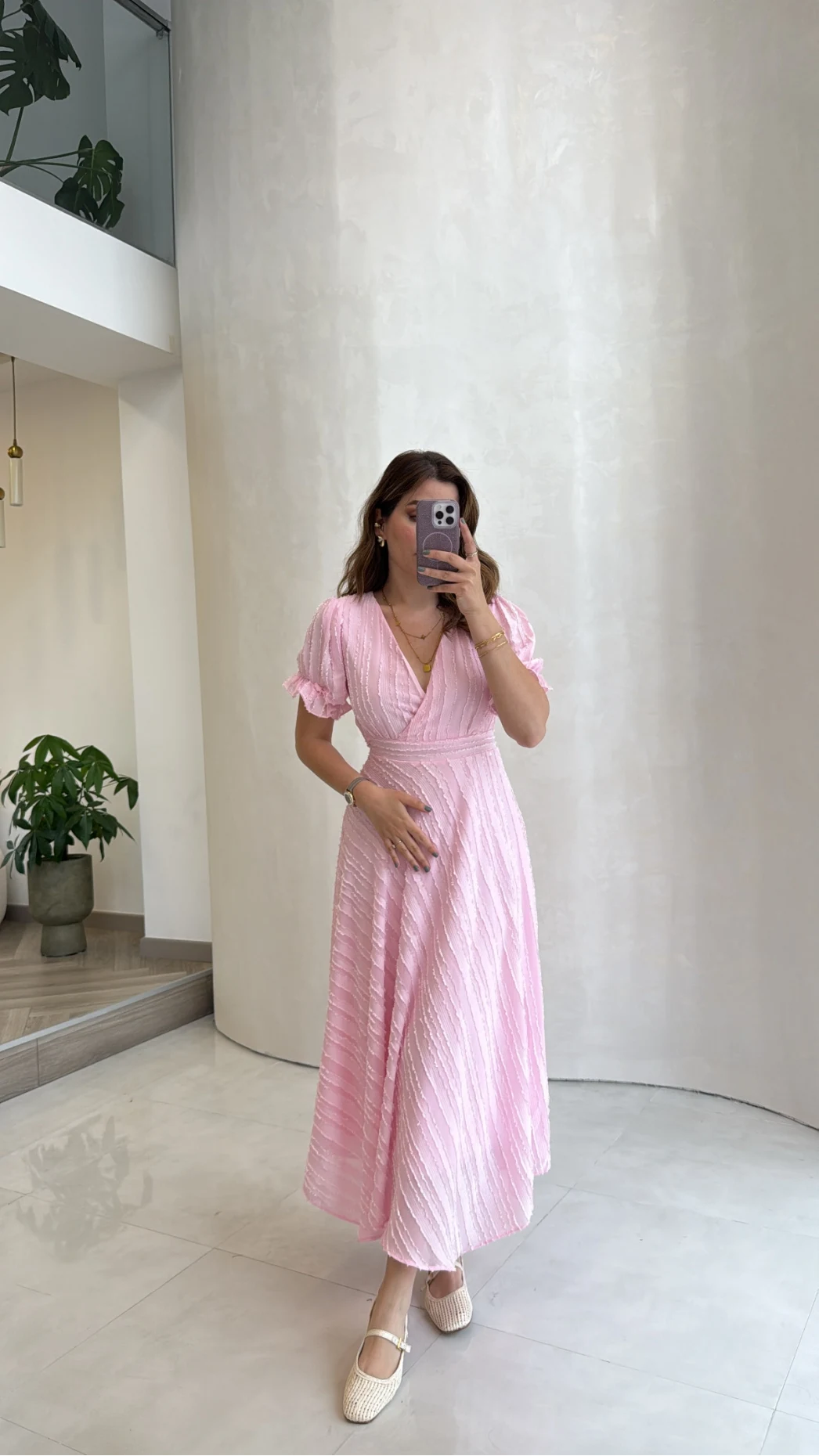 V Yaka Püskül Detay Elbise - Pembe - Kod: 3100