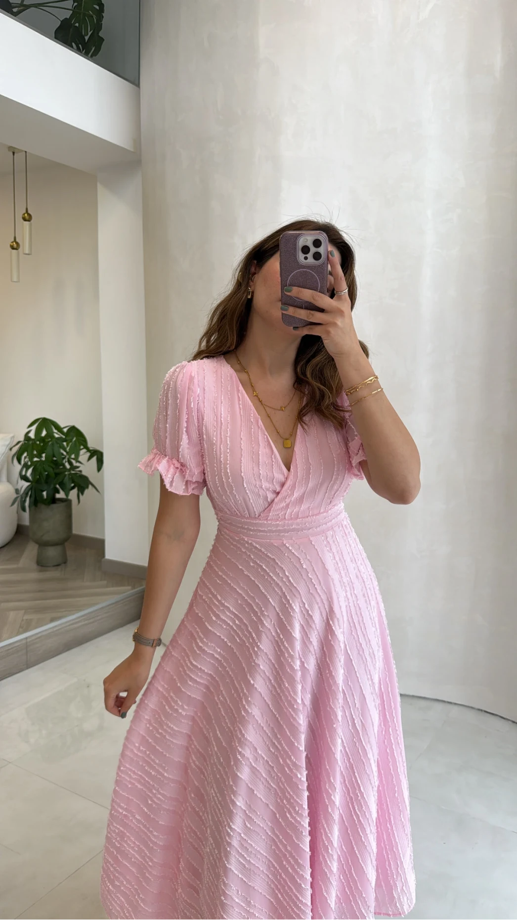 V Yaka Püskül Detay Elbise - Pembe - Kod: 3100