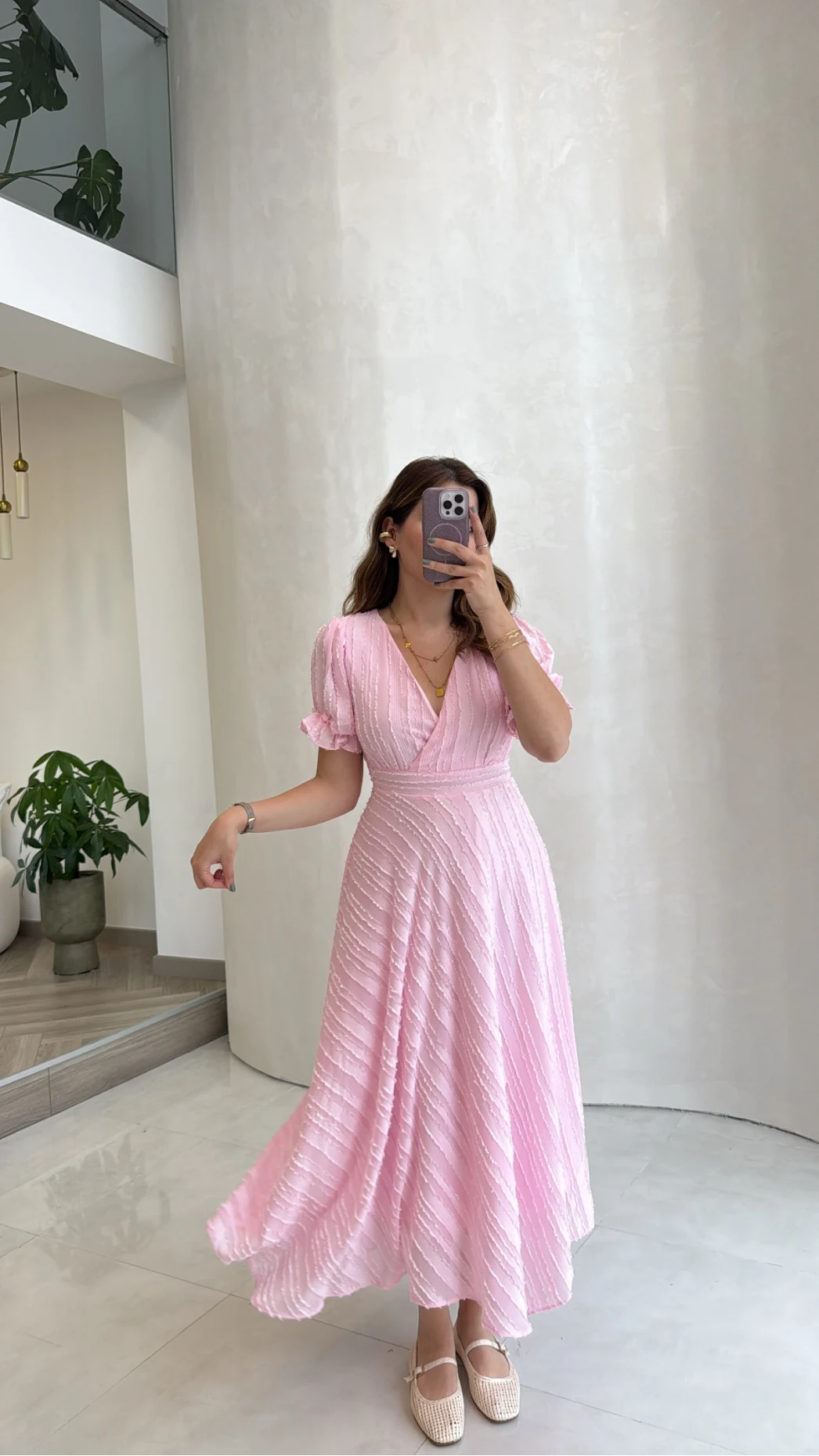 V Yaka Püskül Detay Elbise - Pembe - Kod: 3100